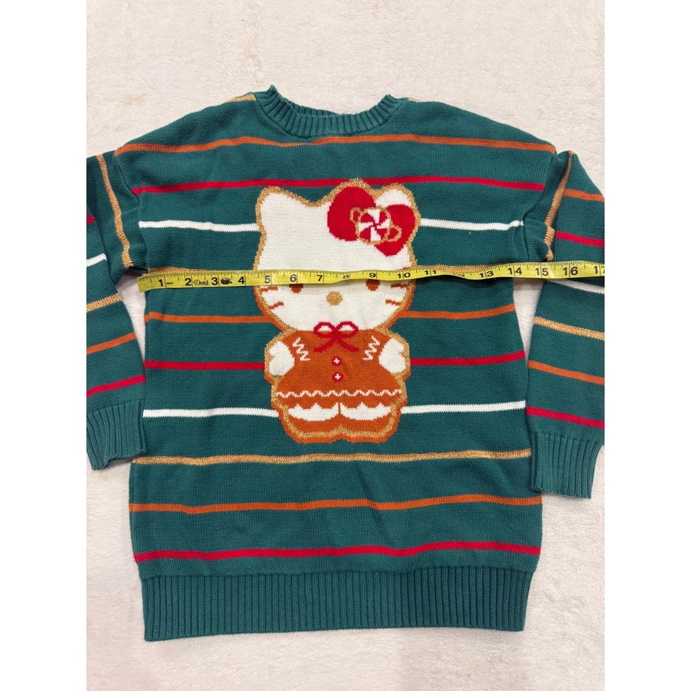 Hello Kitty Sanrio Gingerbread Holiday Sweater Green Striped Metallic Womens S - Picture 3 of 6